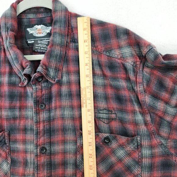 Harley Davidson Shirt Mens 3XL Red Gray Plaid Flannel Button Up Embroidered - Picture 6 of 11